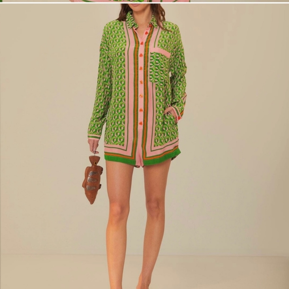 FARM Rio Pink and Green Geometric Button-Up Romper - Picture 4 of 7